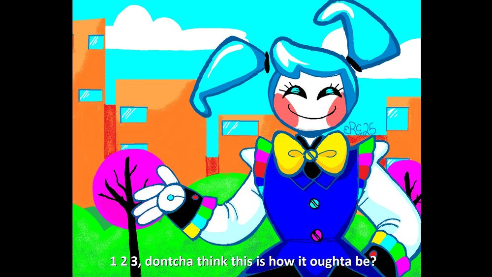 A fanmade drawing of Jenny XJ9 from My Life as a Teenage Robot, drawn with MS Paint in a style reminiscent of the animated music video for Flavor Foley's song "Static." She is smiling cheerfully in a colorful suit with her arm out, in a gesturing position. The background behind her is a simple, cartoonish cityscape made of rectangular orange buildings, green grassy hills and trees with pink flowers. A caption on the bottom of the image has lyrics from the first verse of "Static," reading "1 2 3, dontcha think this is how it oughta be?"