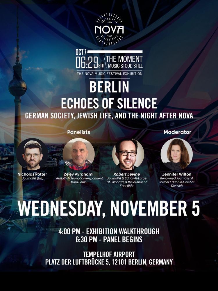 Poster for discussion event: "Echoes of silence: German society, Jewish life and the night after Nova" on November 5th 2025 at Tempelhof Airport. Discussion begins at 18:30.