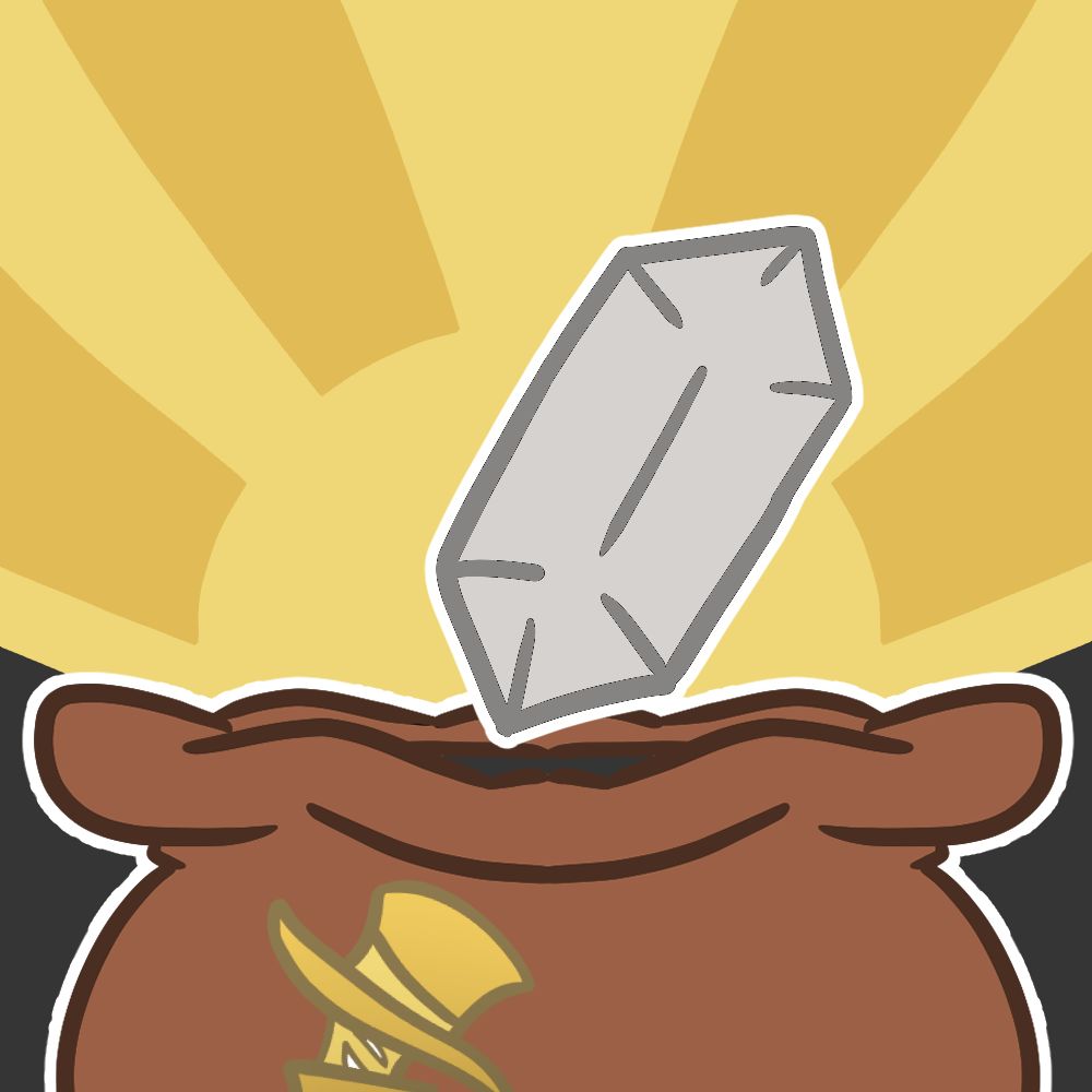 An illustration of an item rising out of the bag of tricks, which is a brown bag with the tricksters logo on the front
the item is a clear chunk of crystal