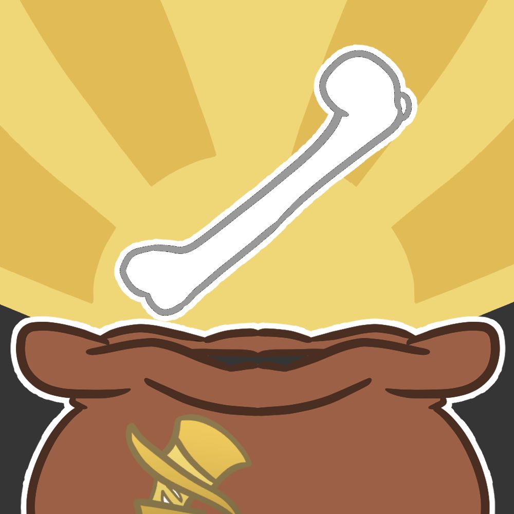 An illustration of an item rising out of the bag of tricks, which is a brown bag with the tricksters logo on the front
the item is a human femur bone

