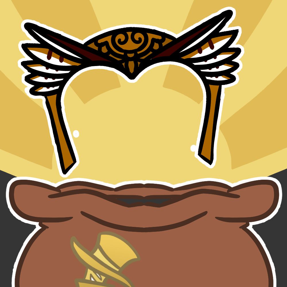 An illustration of an item rising out of the bag of tricks, which is a brown bag with the tricksters logo on the front. The item is a bronze headpiece with owl feathers coming out around the brow line