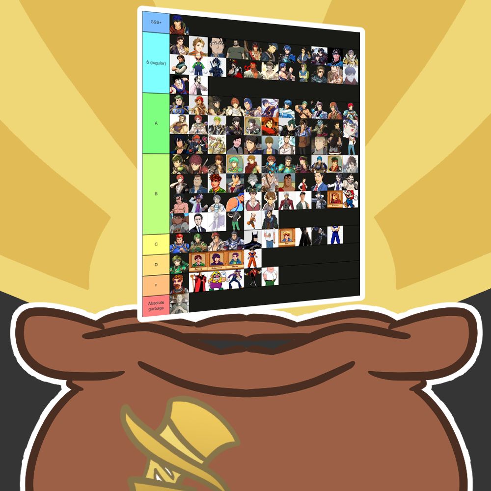 An illustration of an item rising out of the bag of tricks, which is a brown bag with the tricksters logo on the front
the item is a very long tier list including various men from video games. It's sorted into SSS+, S (regular), A, B C, D, F, and "Absolute Trash" tiers