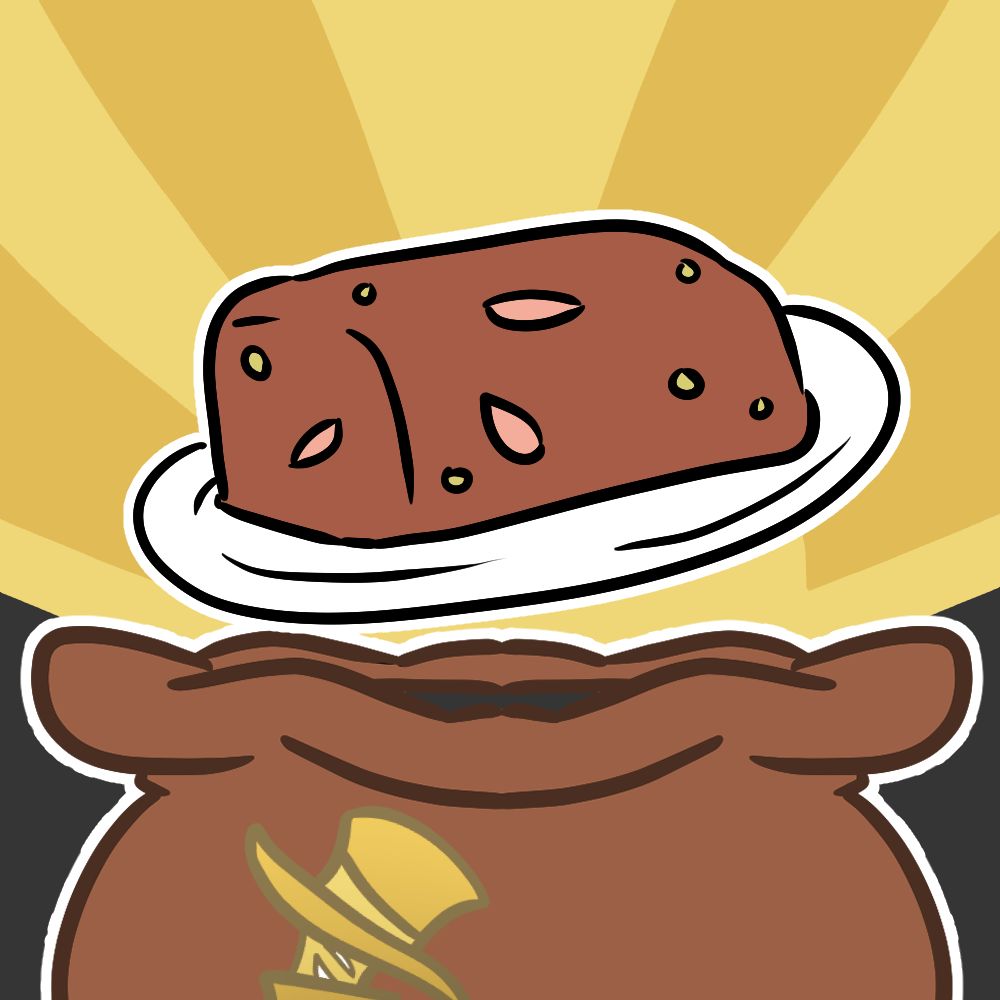 An illustration of an item rising out of the bag of tricks, which is a brown bag with the tricksters logo on the front
the item is a nut roast on a white plate
