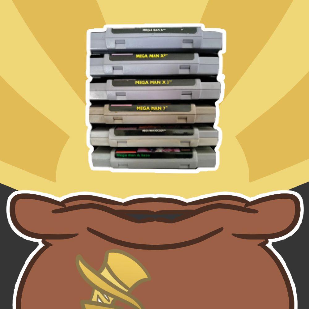 An illustration of an item rising out of the bag of tricks, which is a brown bag with the tricksters logo on the front
the item is a stack of Mega Man NES games