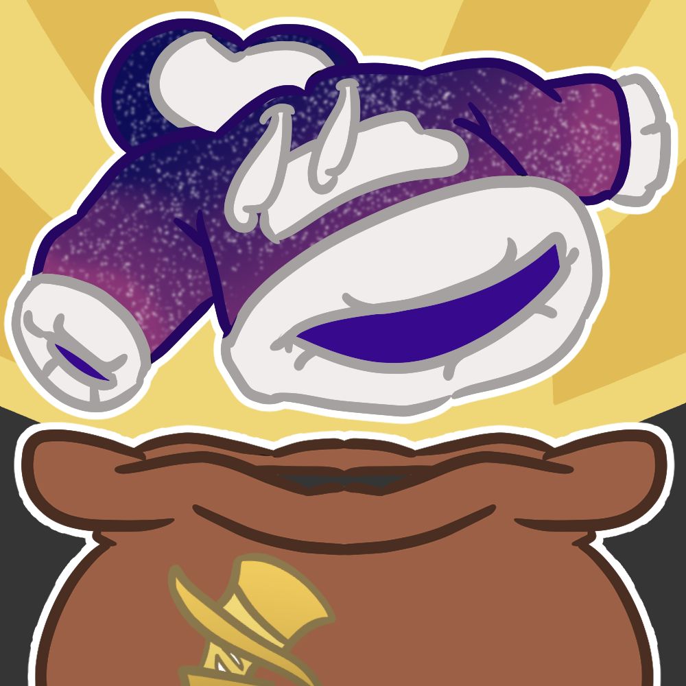 An illustration of an item rising out of the bag of tricks, which is a brown bag with the tricksters logo on the front
The item is a navy, pink, and white galaxy hooded sweatshirt