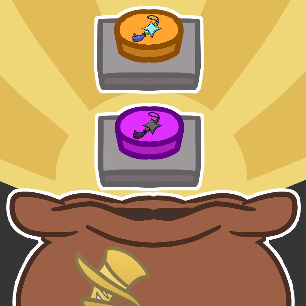 An illustration of an item rising out of the bag of tricks, which is a brown bag with the tricksters logo on the front
The item is a set of two buttons; an orange one with a lit up shiny charm from pokemon and a purple one the a blacked out shiny charm 