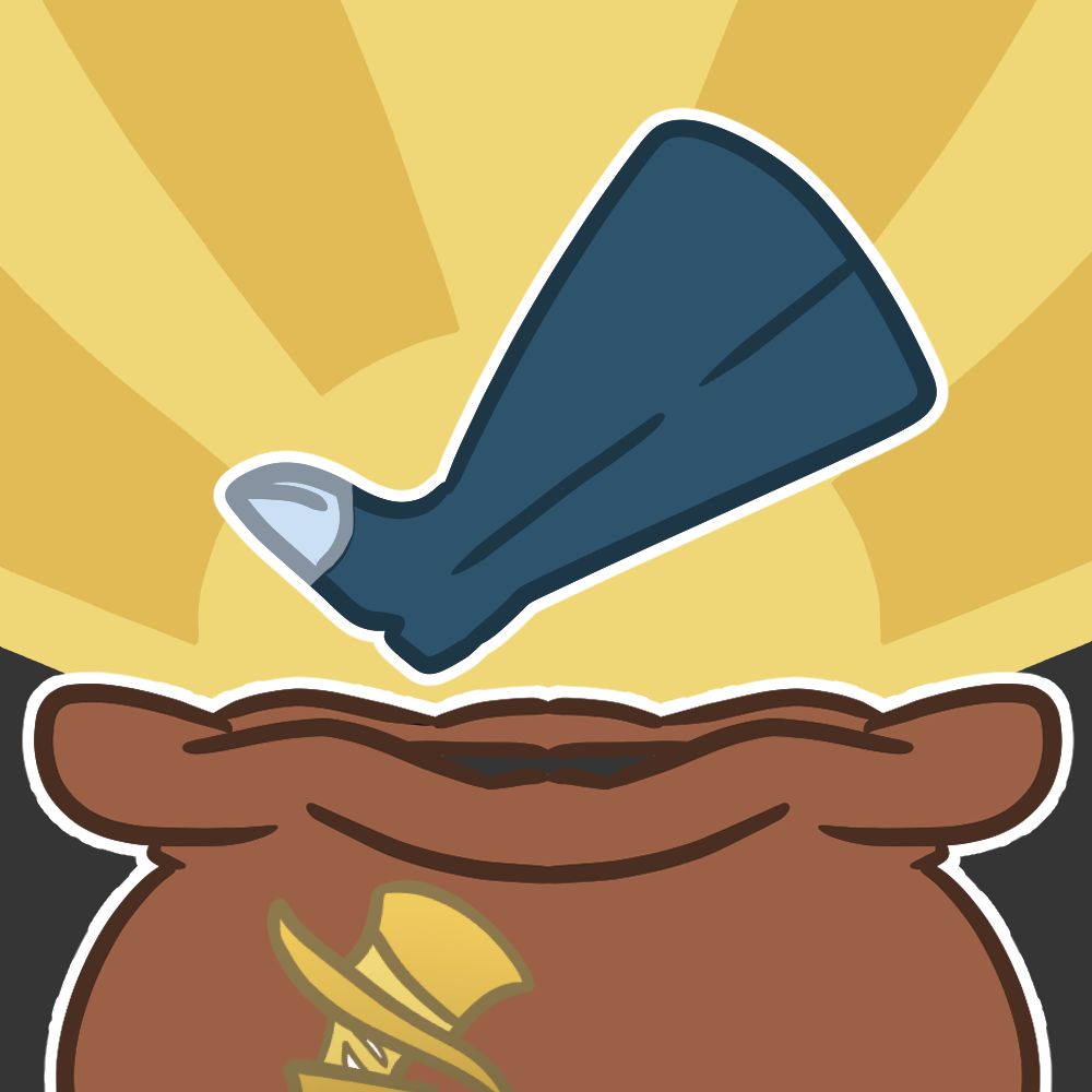 An illustration of an item rising out of the bag of tricks, which is a brown bag with the tricksters logo on the front
the item is a tall blue boot with a lighter blue toe