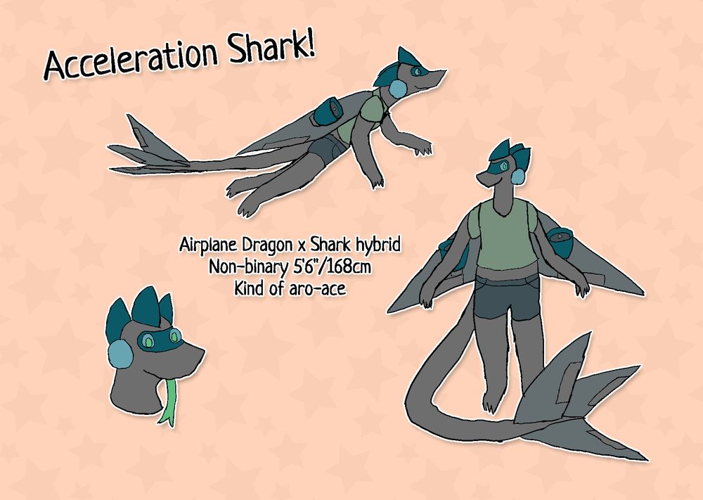 Reference sheet of Acceleration Shark

Airplane Dragon x Shark hybrid, non-binary 5 foot 6 inches (168 centimeters), kind of aro-ace