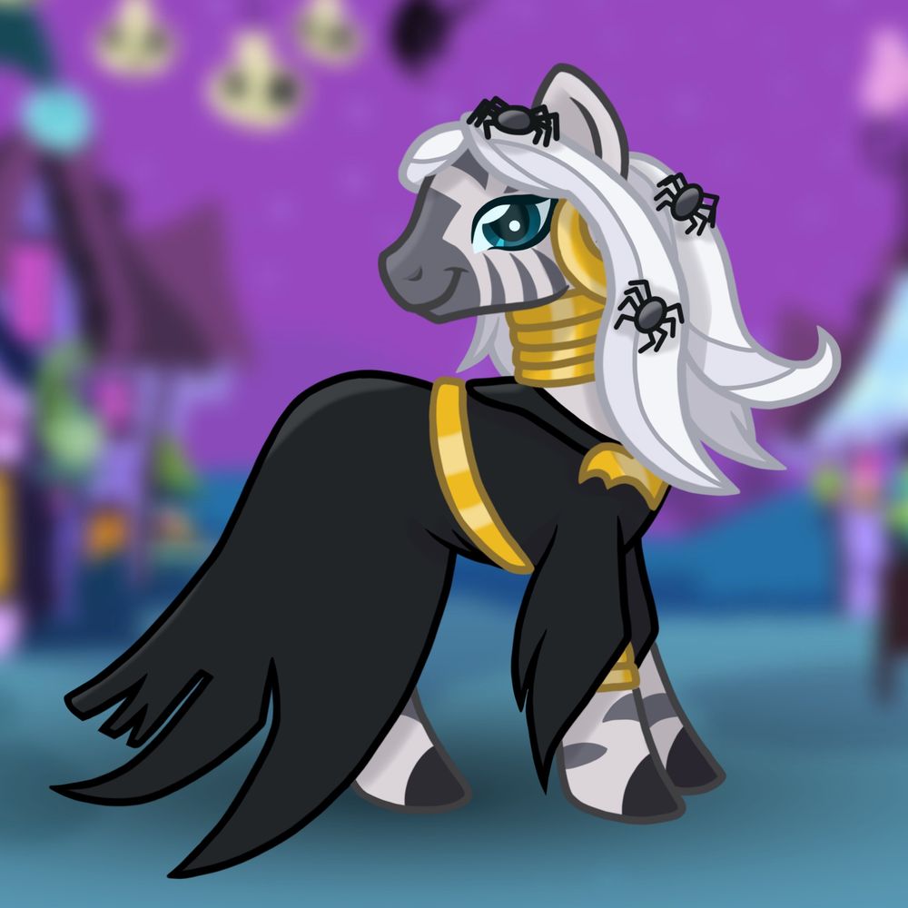 zecora from my little pony: friendship is magic in her nightmare night outfit from the episode lunar eclipsed. zecora is wearing a white long and untamed wig, with theee spiders crawling within it. she still has her iconic earrings, bracelets, and neck rings, though she is now adorned with a black robe/dress that is torn at the bottom. the dress has a gold belt around the waist and a gold bat up near the chest. in this version of the piece zecora's coloring is that of canon, with no purple hue.
