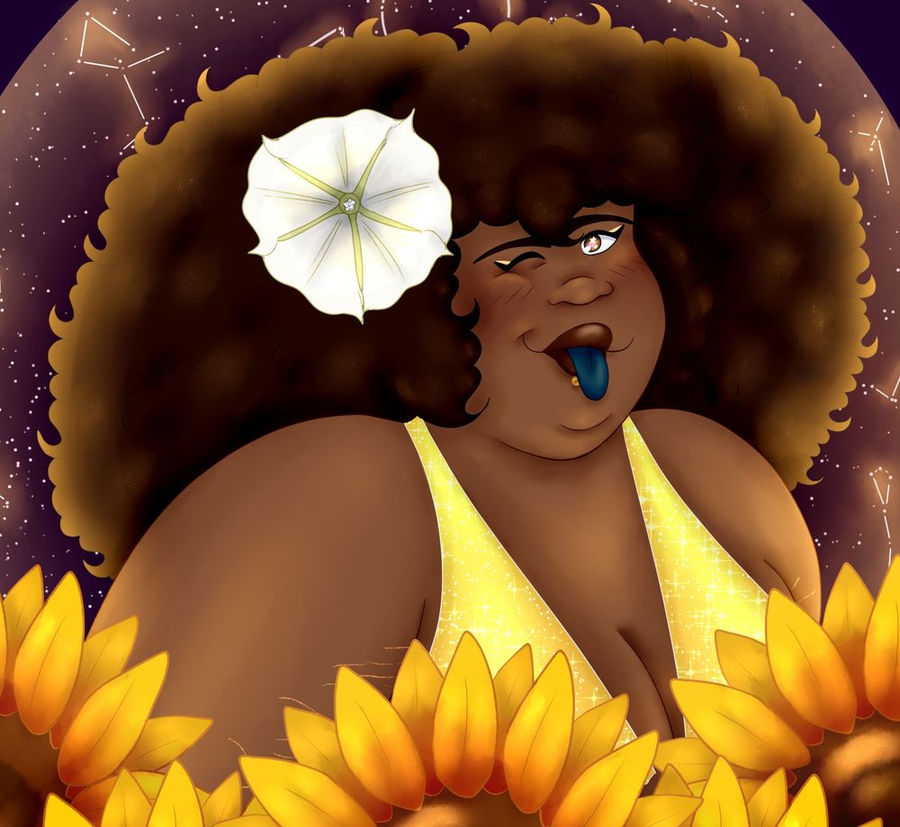Another image of Kring, this time from their new portrait picture. They are winking and sticking their tongue out. This image is a lot more rendered, especially in the curls of their hair. Sitting in their hair is a moonflower. Below the portrait are multiple, large sunflowers, and in the background is a star map with numerous constellations, all glowing yellow.