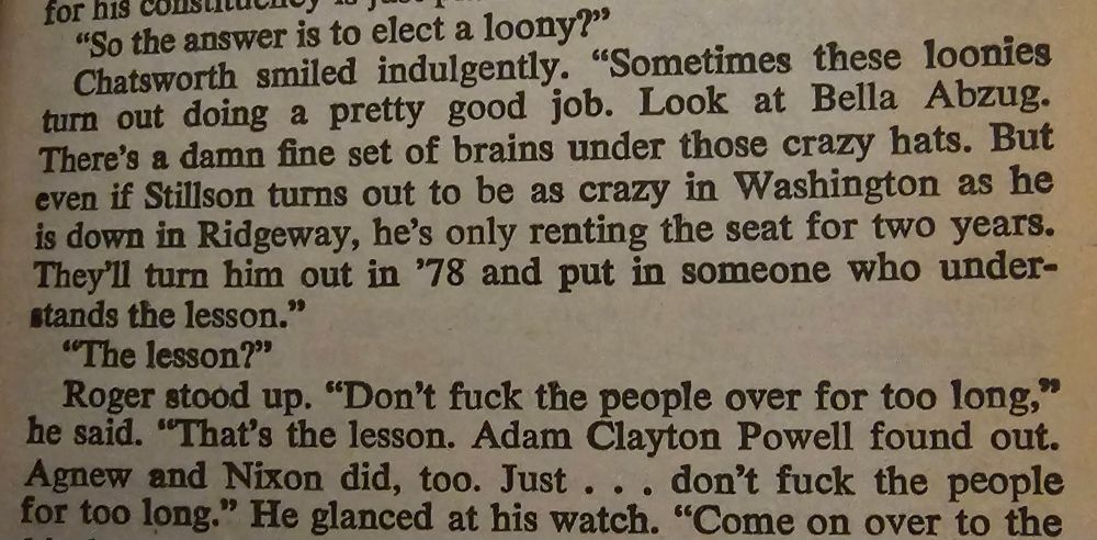 Text from a book, the key sentence being "Don't fuck the people over for too long."