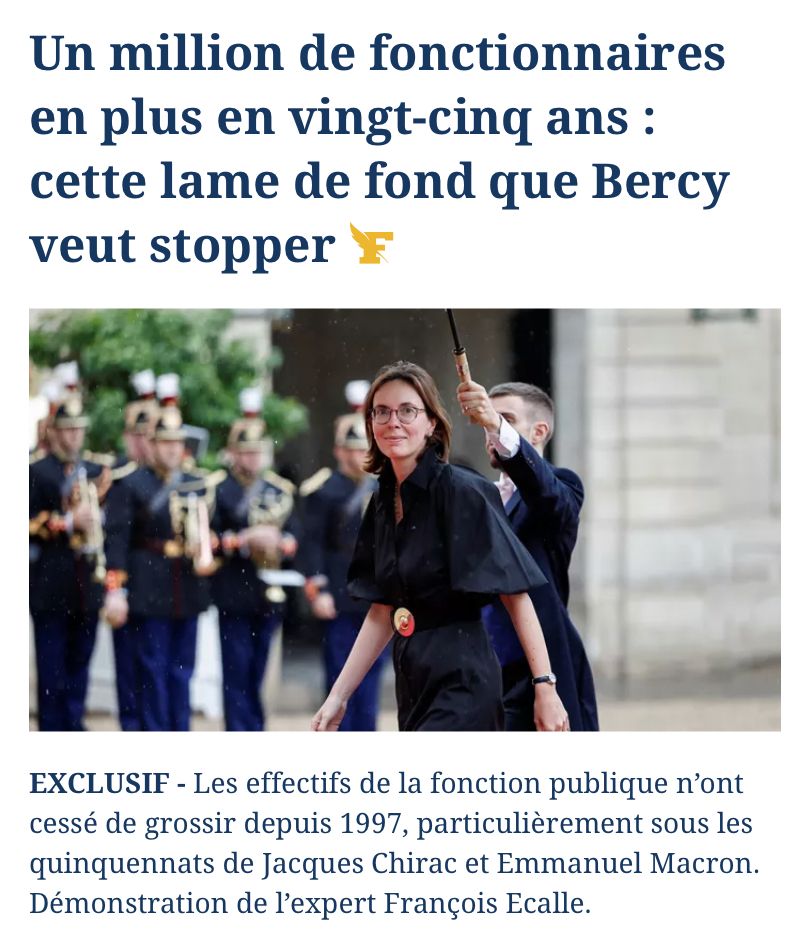 article du figaro "un million de fonctionnaires en plus en vingt-cinq ans : cette lame de fond que Bercy veut stopper". Avec en illustration de l'article machine de montchalin qui avance avec un gars à ses basques, qui porte un parapluie pour que machine de montchalin ne soit pas mouillée. 