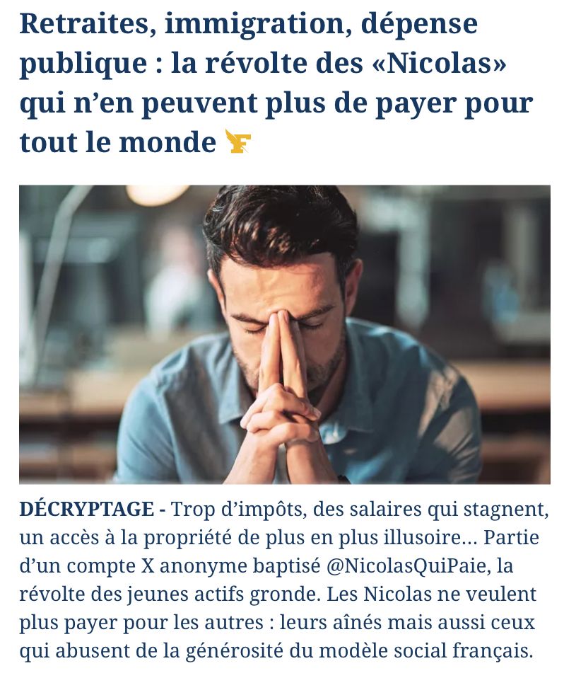 article du figaro : "Retraites, immigration, dépense publique : la révolte des «Nicolas» qui n’en peuvent plus de payer pour tout le monde"