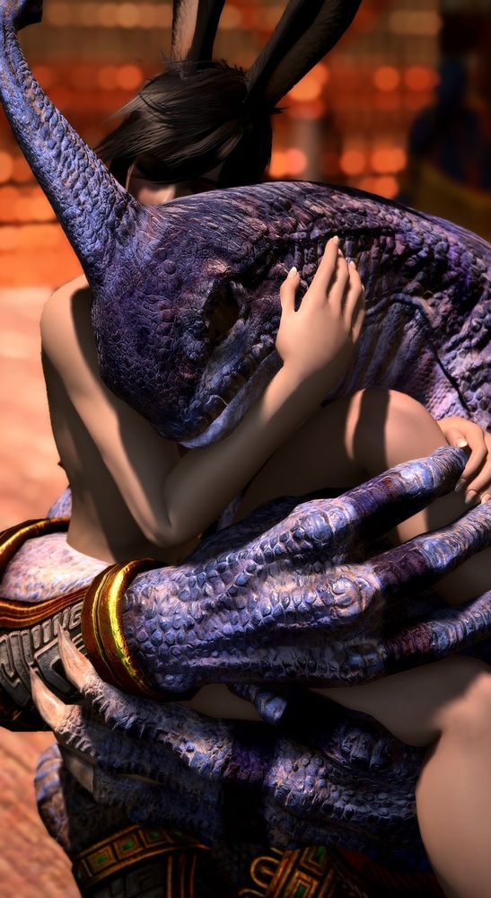 Gpose of Zoraal Ja holding his Viera GF very tightly in his arms.
Ximena has her hand on his cheek and holds one of his big fingers. Her head rests on his.
