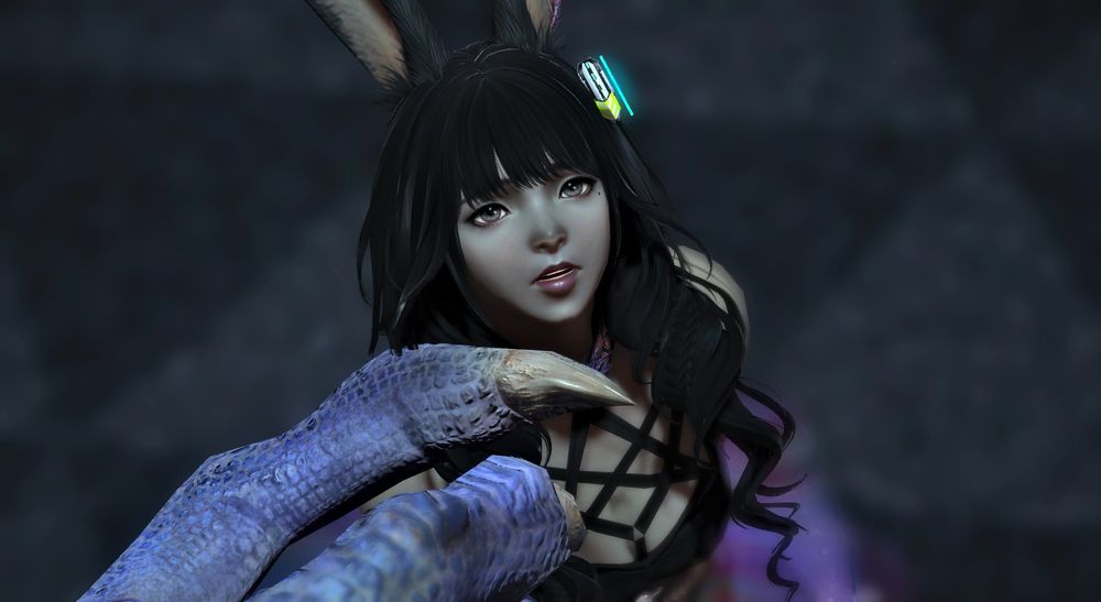 anemoia (ximena's shard) with black hair looks up at zoraal ja. only his big claw, or rather his index finger and his thumb are seen but it doesn't touch her chin.