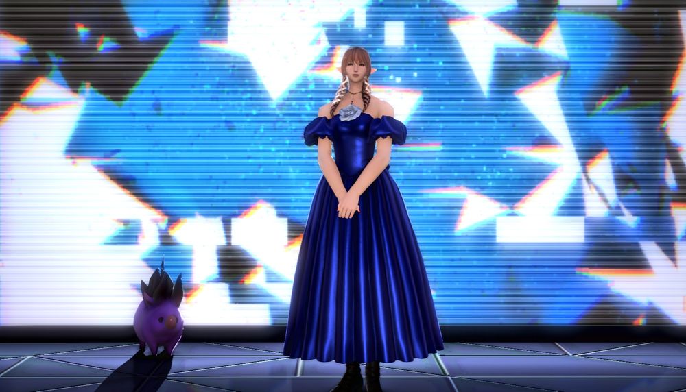lenthes, wearing a dark blue dress standing before a big display in solution 9. there's her baby behemoth beside her too.