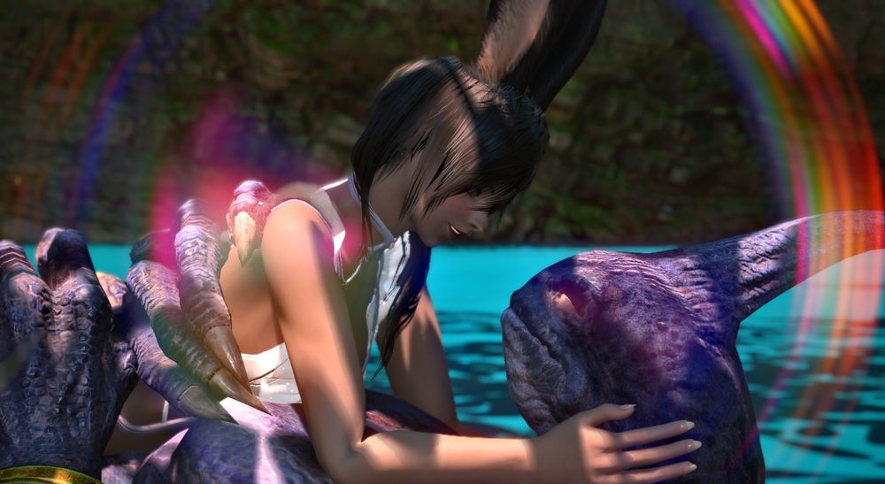 zoraal ja floats backside in water while ximena lies on top of him. she smiley happily at him and he slightly smiles back at her.
his hands are wrapped around her, keeping her in place, while ximena caresses his neck.