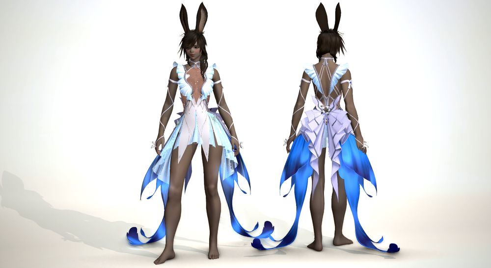 ximena wearing a white and blue dress that comes originally from the shorekeeper in wuthering waves.
the dress has a butterfly theme going on.