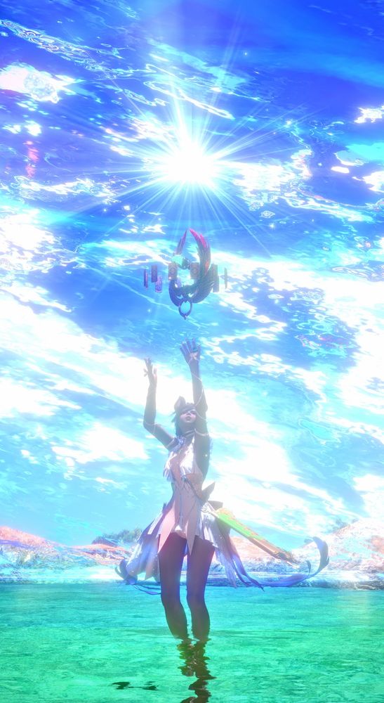 Ximena standing in some water in Tuliyollal, casting a water spell around her