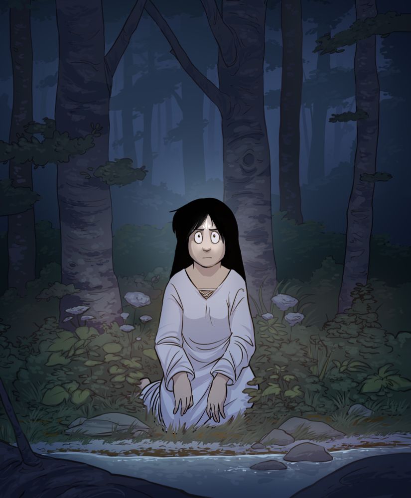 A girl in white sitting by a creek in the woods.