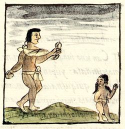 An Aztec man happening on the tiny goblin Cuitlapanton, a monster who lived in piles of poo.