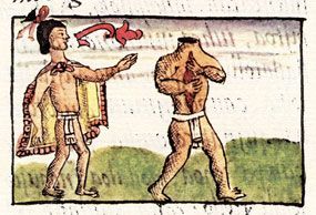 Image from the Florentine Codex, showing an Aztec Man with a word cloud speaking to the Night Hatchet, a headless man with a large opening in his chest