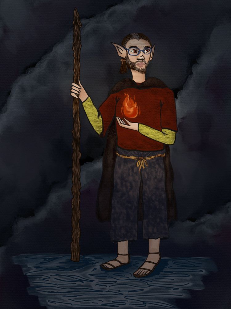 Henry Etch, more known as Hench as a rock gnome wizard in a dark cave, one hand holding a staff and the other producing a small flame illuminating his face. 