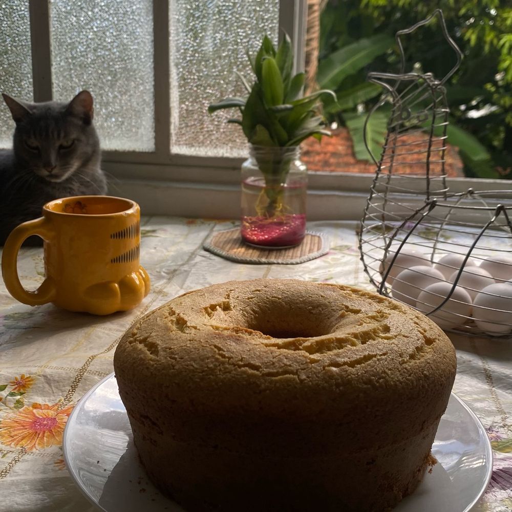 Bolo redondo com furo no meio em cima de um prato branco, uma caneca amarela em forma de patinha de gato a esquerda, na direita um recipiente de arame em forma de galinha com ovos brancos, ao fundo um pote transparente com água e algo rosa no fundo e pequenas espadas de São Jorge. Um gato cinza em desfoque no fundo esquerdo. Superfície amarela florida.
