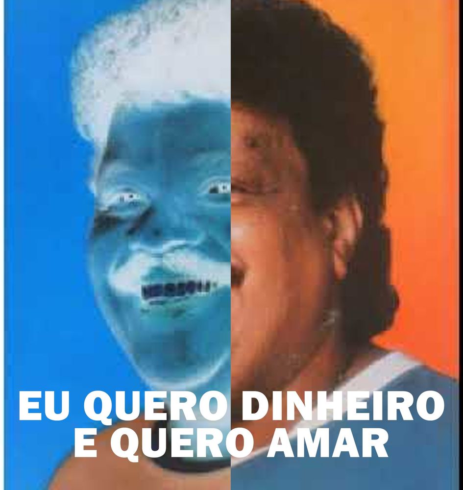 foto do cantor Tim Maia, metade colorido e metade em negativo, a legenda EU QUERO DINHEIRO E EU QUERO AMAR