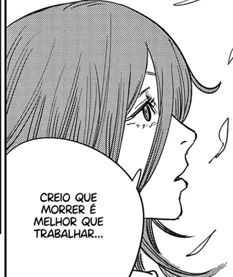 pesonagem de mangá, em preto e branco, com cabelos longos, de lado, falando "creio que morrer é melhor que trabalhar"