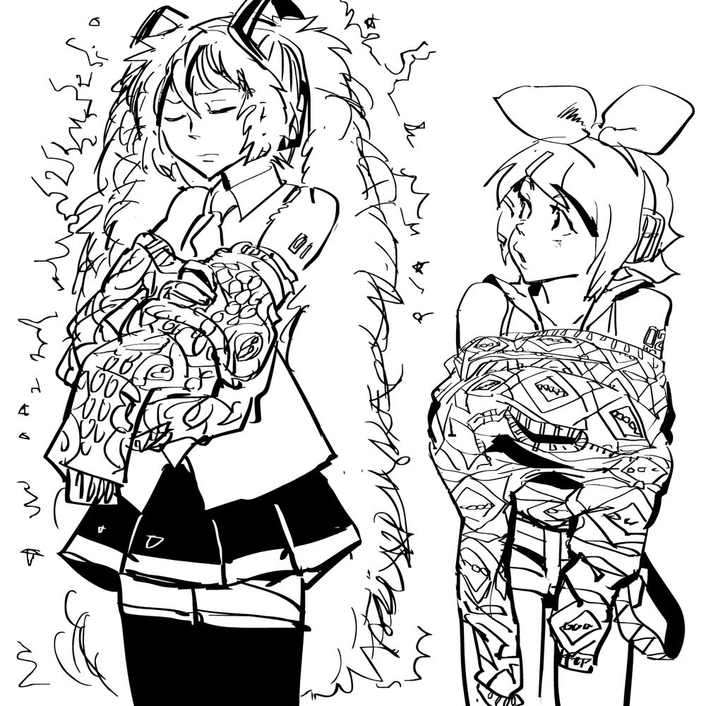 ボーカロイドの初音ミクと鏡音リンがセーターを脱いだシーン。ミクの巨大なツインテールが盛大にスパークしているのをリンが不思議そうに見ている。