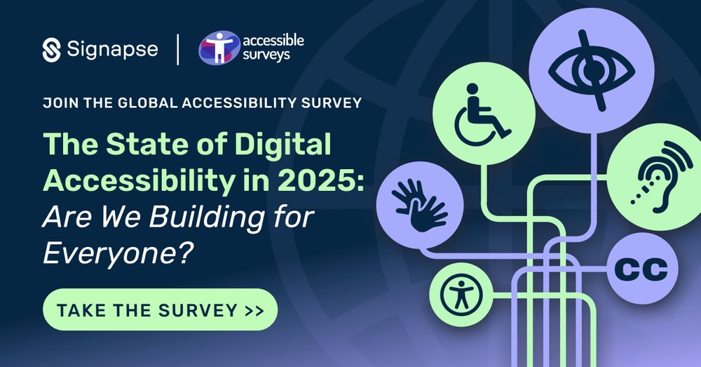 A poster advertising the Global Accessibility Survey.  It includes the logos of Signapse and Accessible Surveys.  The title is 'The State of Digital Accessibility in 2025; Are we building for everyone?'  The is a button which reads "Take the Survey"