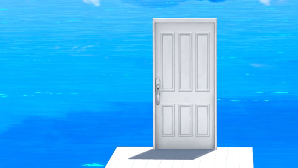 A singular, framed, bright white wooden door sits at the very end edge of a wooden pier of the same color, surrounded by glimmering, sapphire-tinted water.