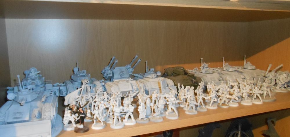 A pic of my previous army, I sadly have very few pics of the the huge army, If I can find one I'll share it, but this was the army I did with some survivors of the large one and some Kickstarter lady guard from Raging Heroes from around 2015ish, had to sell these when we moved across Suffolk due to space, had another shelf of more combat tanks as well. 
You can make out the Bullgryns I mentioned in my other pic in the far end of the shelf, not the same ones of course, these are long sold, but I'm literally just remaking them and they look nigh identical. (if you scroll back along my feed I think I shared the ones I am remaking here, but will share them all when I finally finish the second set of three to make six)