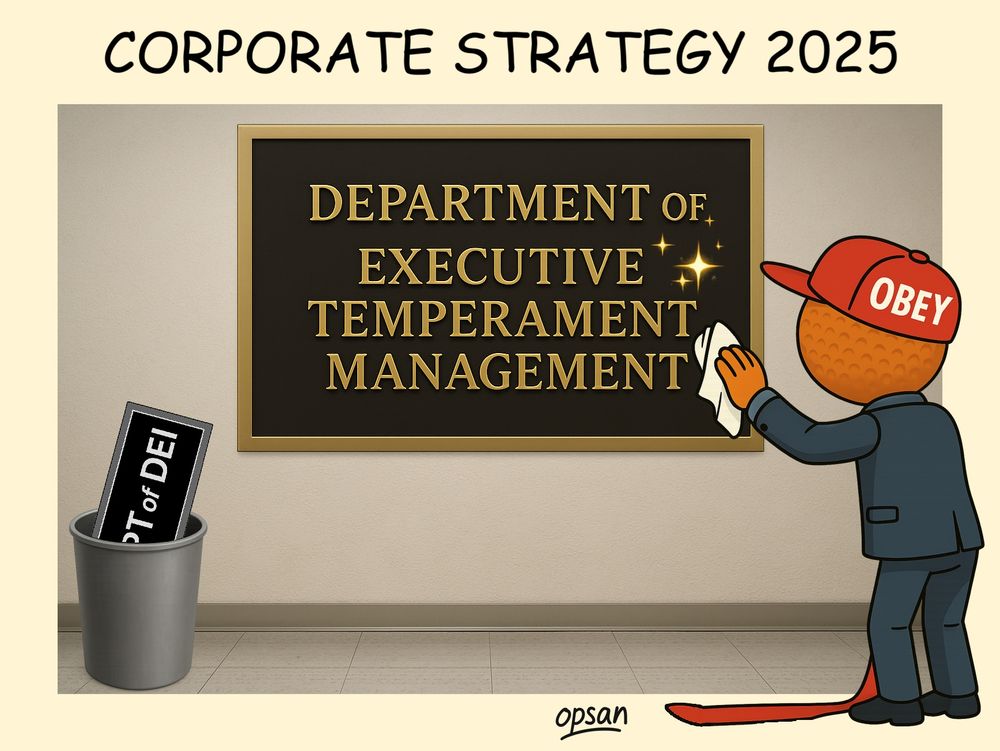 A political cartoon depicting the corporate focus on managing the temperament of The Executive.