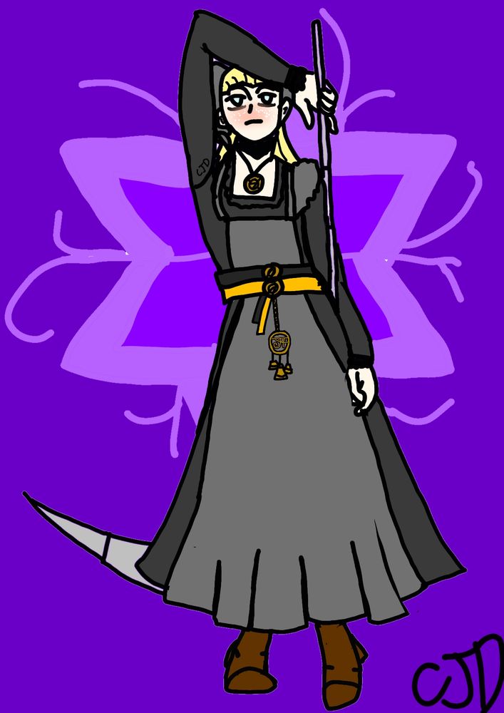 Cottagecore goth halfling with a scythe and a lotus symbol behind her