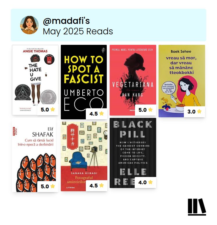 A screenshot of my May reads from  Storygraph. It shows the cover of the following books: The Hate U Give by Angie Thomas (5 stars rating), How to Spot a Fascist by Umberto Eco (4.5 stars), The Vegetarian by Han Kang (5 stars), I Want to Die but I Want to Eat Tteokbokki by Baek Sehee (3 stars), How to Stay Sane in an Age of Division by Elif Shafak (5 stars), The Lantern of Lost Memories by Sanaka Hiiragi (4.5 stars) and Black Pill by Elle Reeve (4 stars).