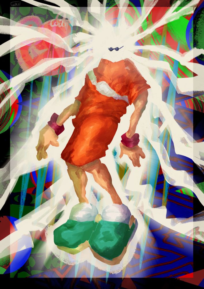 Fullbody drawing of Coil from Bomb Rush Cyberfunk. He's standing with his arms about him but his head is a ball of light, shooting light in all kinds of directions (inspired by the poster of the film The Thing). He's still wearing his glasses though. The background is a wild concoction of colour and patterns and you can see Coil's tag in the top left in a pinkish hue. There's a black border overlaying the whole drawing and a white outline and radial blur around Coil and the light around him