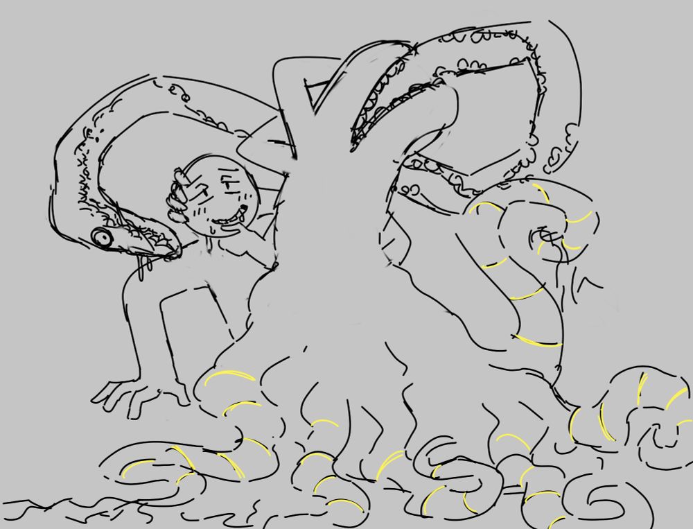 a weird tentacle monster with an upper torso consisting of arms and a large mouth, out of which long, toothed neck and a head twists out of is on top of some guy who seems pretty happy about that.