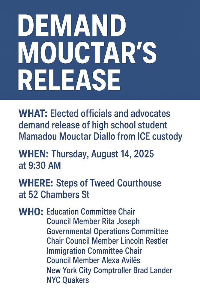 Flyer for a rally in support of Mamadou Mouctar Diallo on the steps of the Tweed Courthouse at 52 Chambers Street in Manhattan, at 9:30 am on August 14th, 2025.