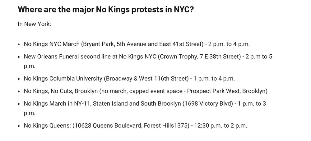List of main No Kings protest locations in NYC. They can all be found at: https://www.nbcnewyork.com/new-york-city/no-kings-protest-nyc-see-list-of-planned-locations/6301859/