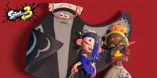 A picture of the members of the fictional music group deep cut from the video game Splatoon 3, from left to right a gray manta ray, a light skinned feminine octopus person with blue hair and clothes, and a dark skinned feminine squid person with yellow hair and clothes