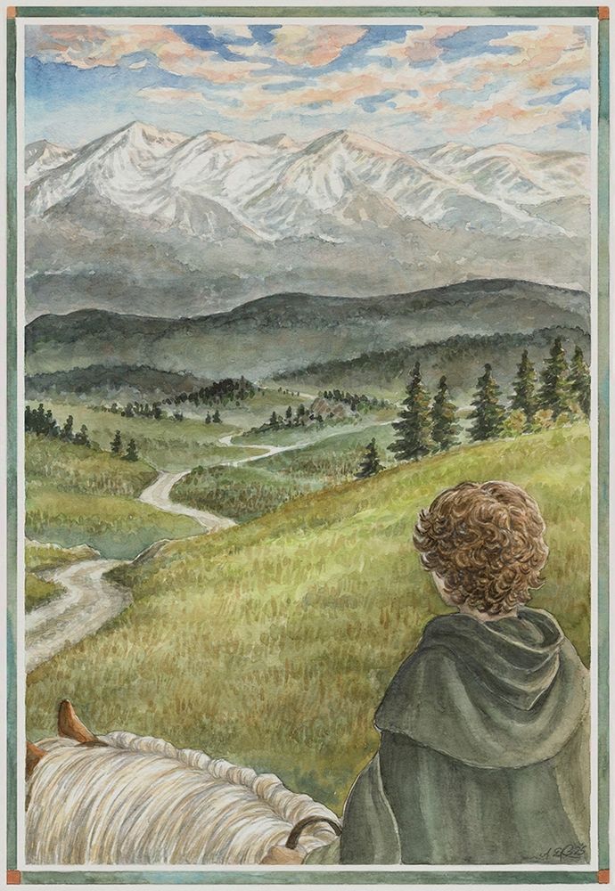 Watercolour showing (in the foreground) Bilbo wearing a green cloak and hood riding a pony with a road winding into the distance where wooded hills and futher behind snow-capped mountains can be seen.