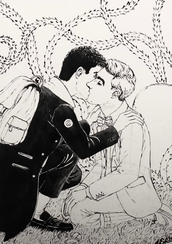 Ink lineart showing a kneeling Charles kissing an equally kneeling (and half transparent) Edwin. They are in a graveyard with spiky vines growing out of one of the graves.