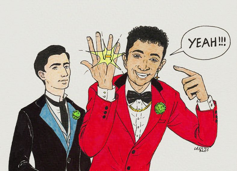 Drawing with fineliner and brush pens showing Edwin and Charles in wedding outfits: Edwin wearing a dark morning coat and Charles a red jacket, a white shirt and a black bowtie. Both have green carnation buttonieres. Charles is holding up his hand with a shining wedding ring and pointing at it while grinning. A speech bubble next to him says “Yeah!!!” Edwin looks very pleased and a little proud.