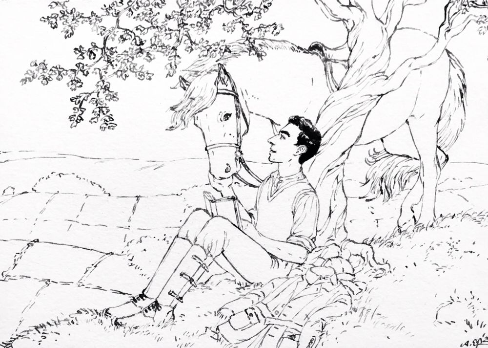 Ink lineart of Edwin sitting under a tree with an open book on his lap, stroking the nose of a pony standing next to him. In a background, a wide landscape with meadows and hedgerows is visible.