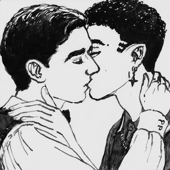 Square ink drawing showing Edwin and Charles kissing.