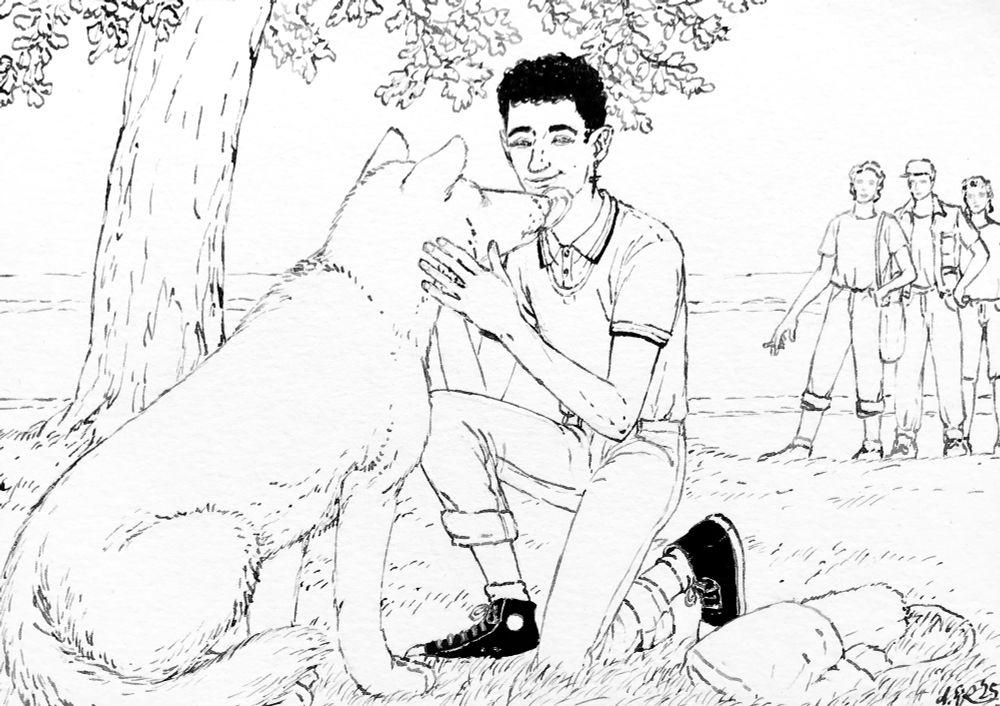 Ink lineart of Charles kneeling and stroking a large dog that licks his chin. In the background, a tree, lake, and three other boys waiting for Charles are visible.
