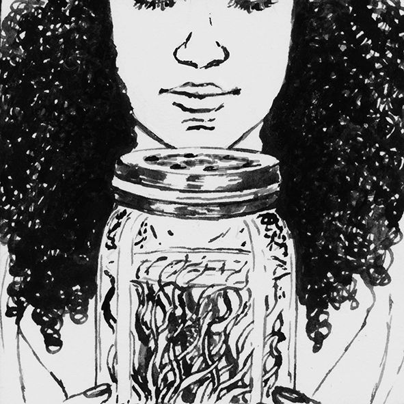 Square ink drawing showing a close-up of Crystal holding up a glarr jar with water and plants inside. She is looking down at it.
