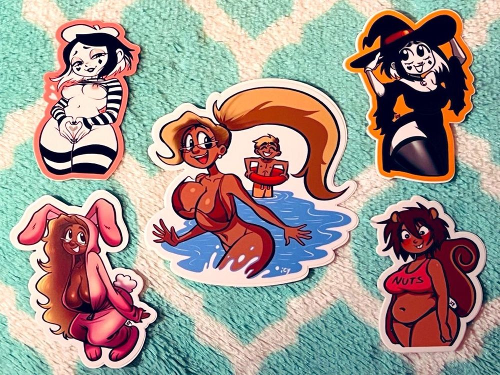 my goodies from iseenudepeople on Etsy, 18+ Henriette’s Heart sticker, Witch Henriette sticker, Petunia & Peter Beach JUMBO sticker, Petunia Bunny Costume sticker, Mara Nuts Top sticker